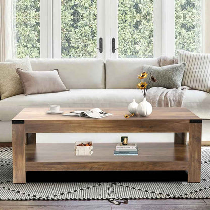 Damika Rectangular Coffee Table with 2-Tier Storage – Rustic Oak Finish