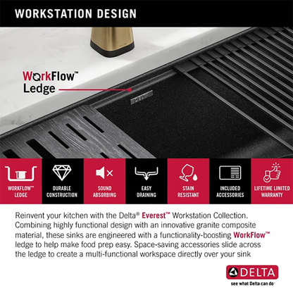 Delta Everest™ 32" Granite Composite Workstation Kitchen Sink – Undermount Single Bowl with WorkFlow™ Ledge
