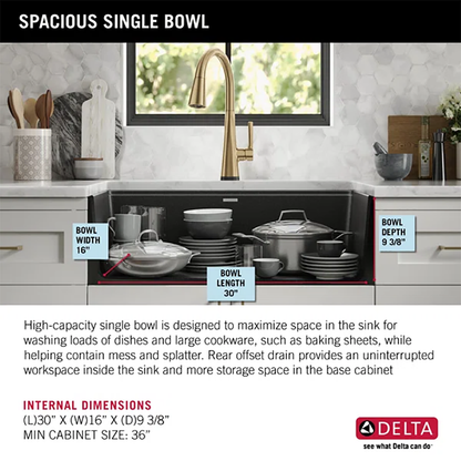 Delta Everest™ 32" Granite Composite Workstation Kitchen Sink – Undermount Single Bowl with WorkFlow™ Ledge