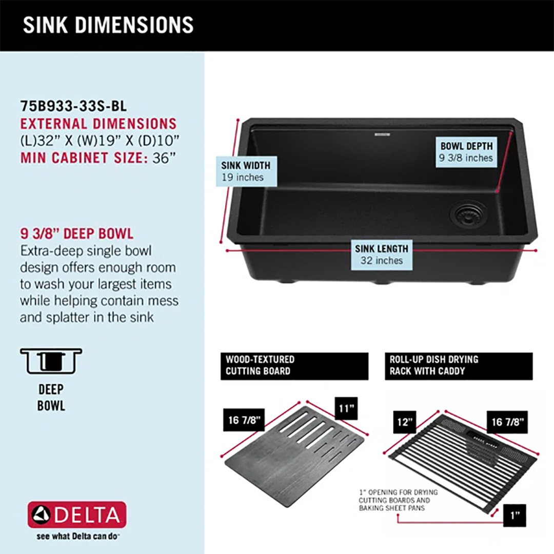 Delta Everest™ 32" Granite Composite Workstation Kitchen Sink – Undermount Single Bowl with WorkFlow™ Ledge