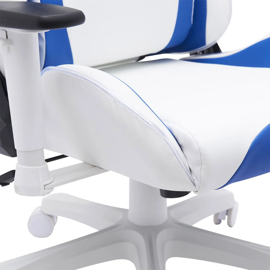 Ember Gaming Chair – Blue & White Fabric, Hydraulic Lift, Adjustable Arms & Tilt, 330 lb Capacity