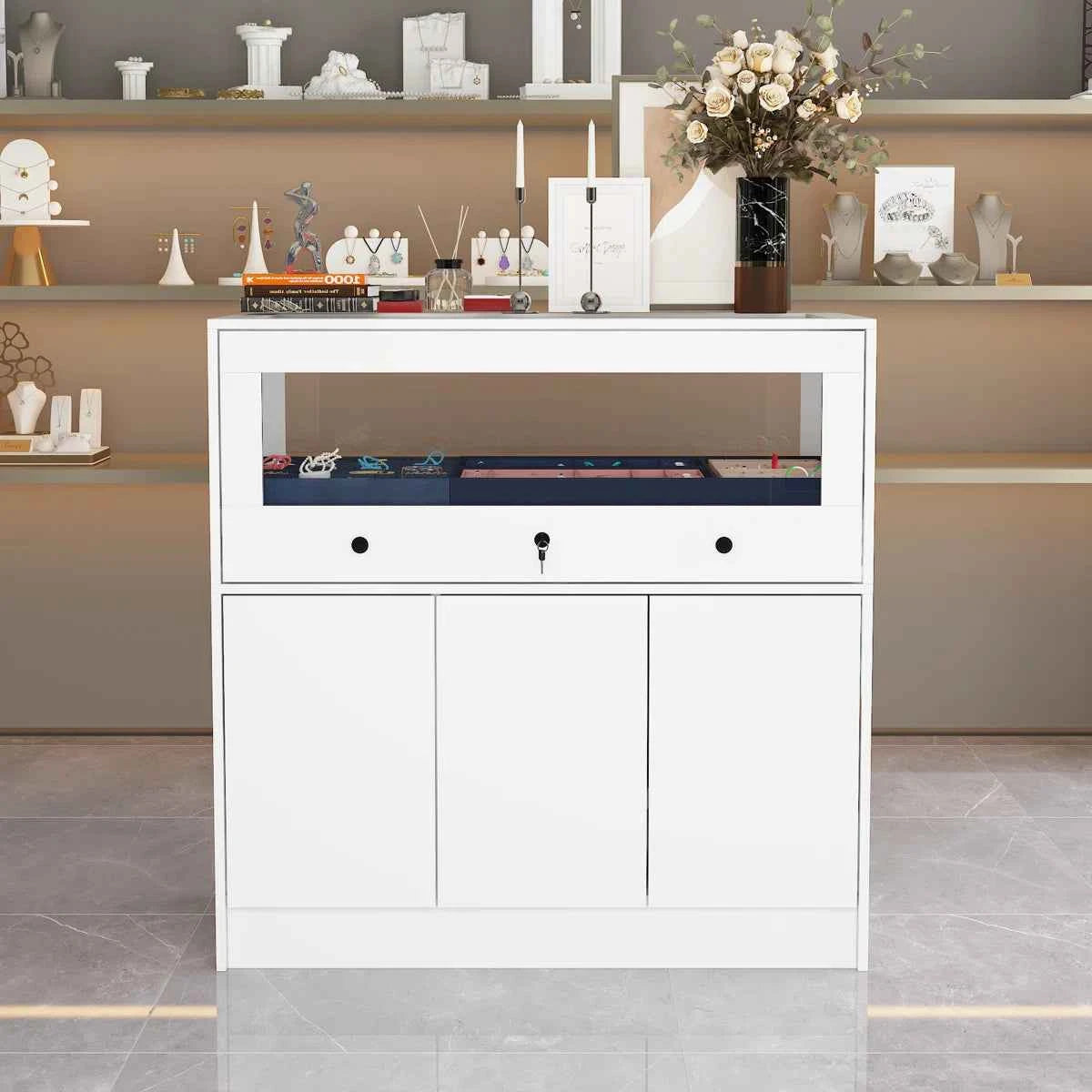 Elegant Jewelry Display Cabinet with Lock & Tempered Glass – Secure Showcase 39.4" x 19.7" x 39.4"
