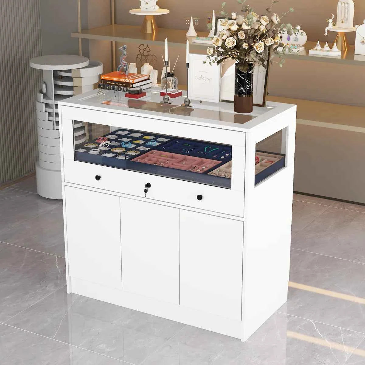 Elegant Jewelry Display Cabinet with Lock & Tempered Glass – Secure Showcase 39.4" x 19.7" x 39.4"