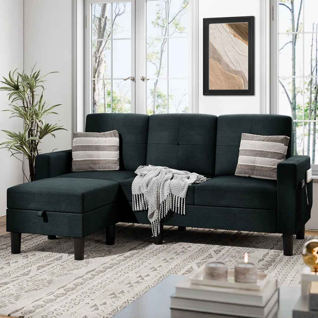Faaiza 76.4" L-Shaped Upholstered Sofa Couch with Storage Ottoman & Side Pocket – 3-Seater Living Room Sectional