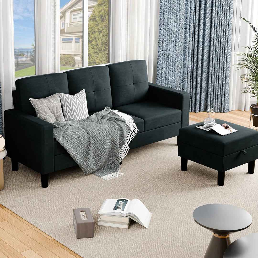 Faaiza 76.4" L-Shaped Upholstered Sofa Couch with Storage Ottoman & Side Pocket – 3-Seater Living Room Sectional