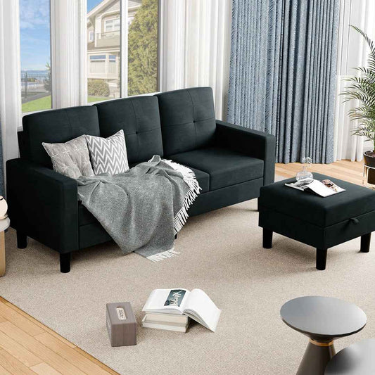 Faaiza 76.4" L-Shaped Upholstered Sofa Couch with Storage Ottoman & Side Pocket – 3-Seater Living Room Sectional