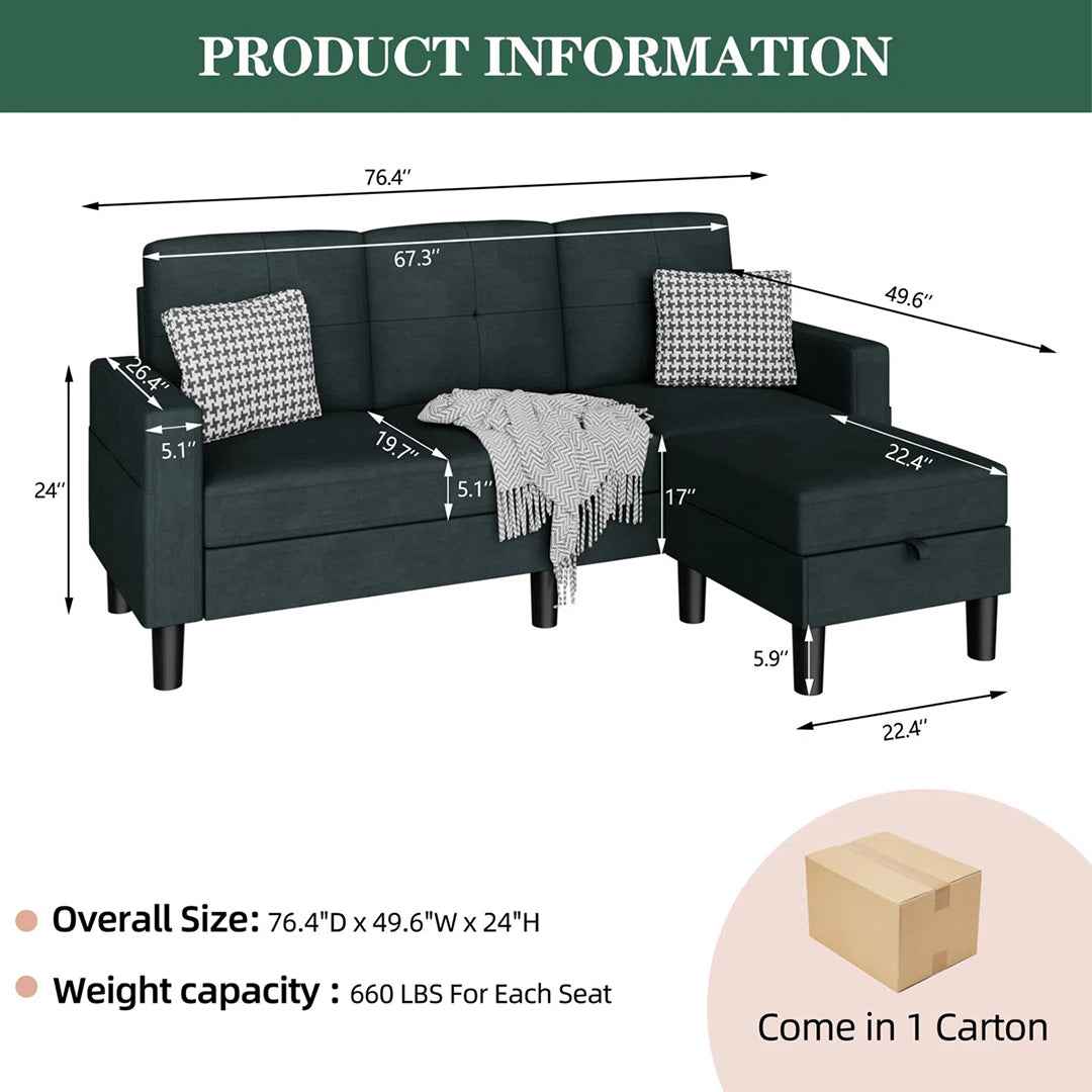 Faaiza 76.4" L-Shaped Upholstered Sofa Couch with Storage Ottoman & Side Pocket – 3-Seater Living Room Sectional