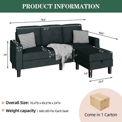 Faaiza 76.4" L-Shaped Upholstered Sofa Couch with Storage Ottoman & Side Pocket – 3-Seater Living Room Sectional