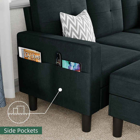 Faaiza 76.4" L-Shaped Upholstered Sofa Couch with Storage Ottoman & Side Pocket – 3-Seater Living Room Sectional
