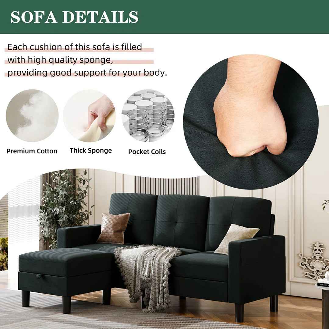 Faaiza 76.4" L-Shaped Upholstered Sofa Couch with Storage Ottoman & Side Pocket – 3-Seater Living Room Sectional