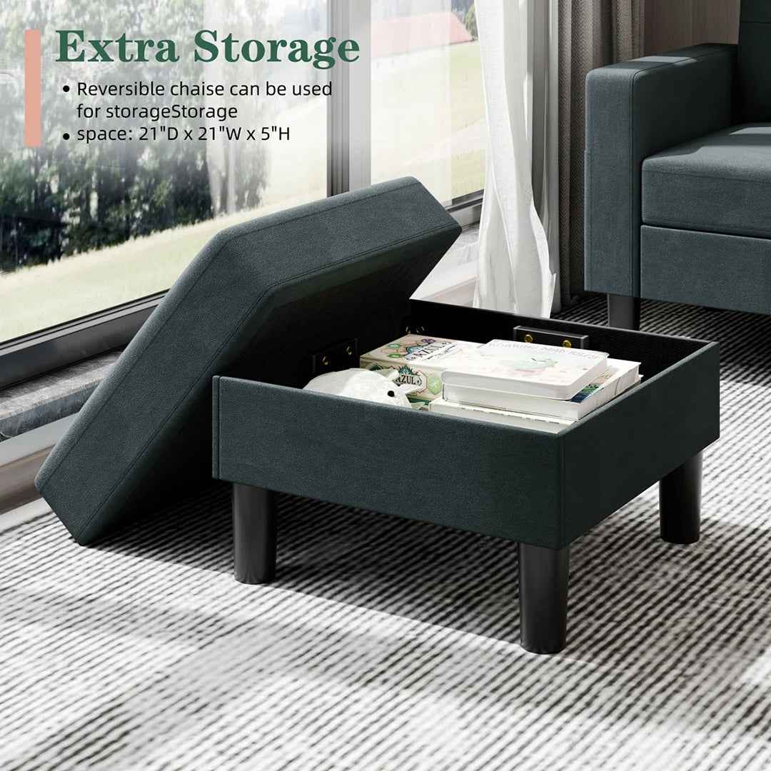 Faaiza 76.4" L-Shaped Upholstered Sofa Couch with Storage Ottoman & Side Pocket – 3-Seater Living Room Sectional