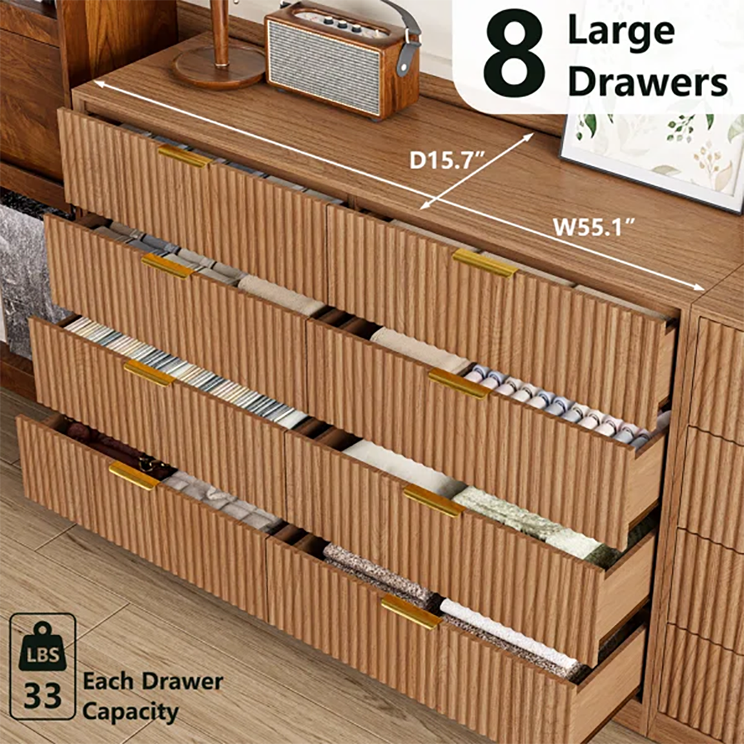 Fluted 8-Drawer Bedroom Dresser – 55" Wide Modern Chest with Sleek Metal Handles