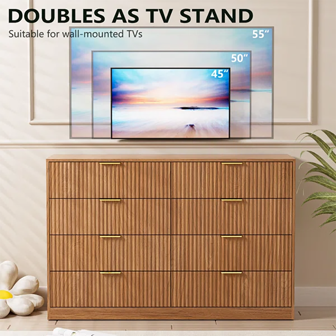Fluted 8-Drawer Bedroom Dresser – 55" Wide Modern Chest with Sleek Metal Handles