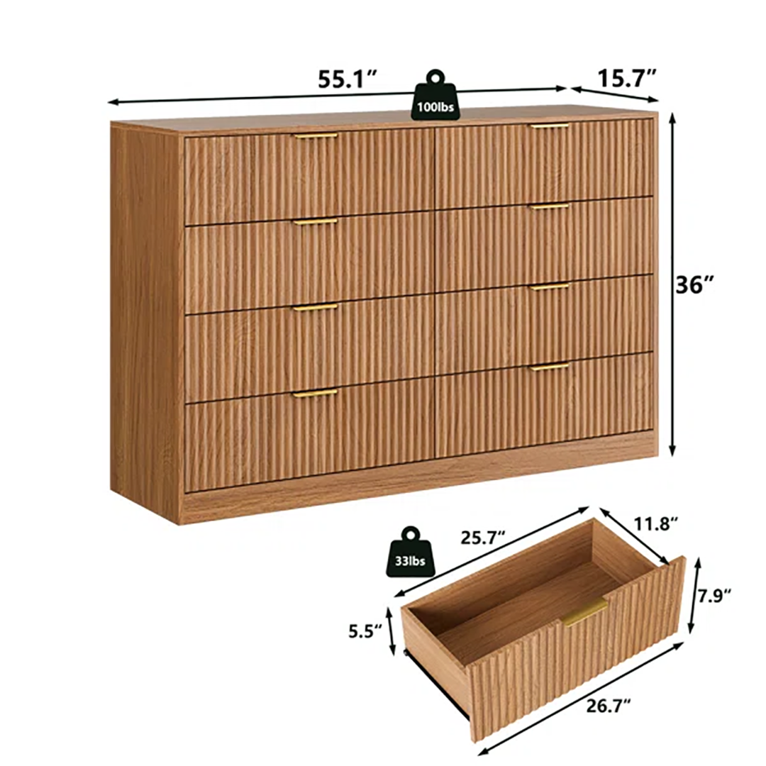 Fluted 8-Drawer Bedroom Dresser – 55" Wide Modern Chest with Sleek Metal Handles