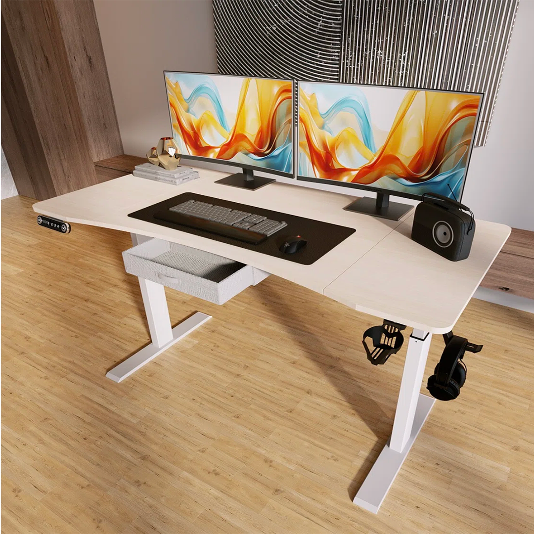 Fumiki 63" Curved Dual Motor Adjustable Height Standing Desk with Drawer – Comfort, Style & Productivity