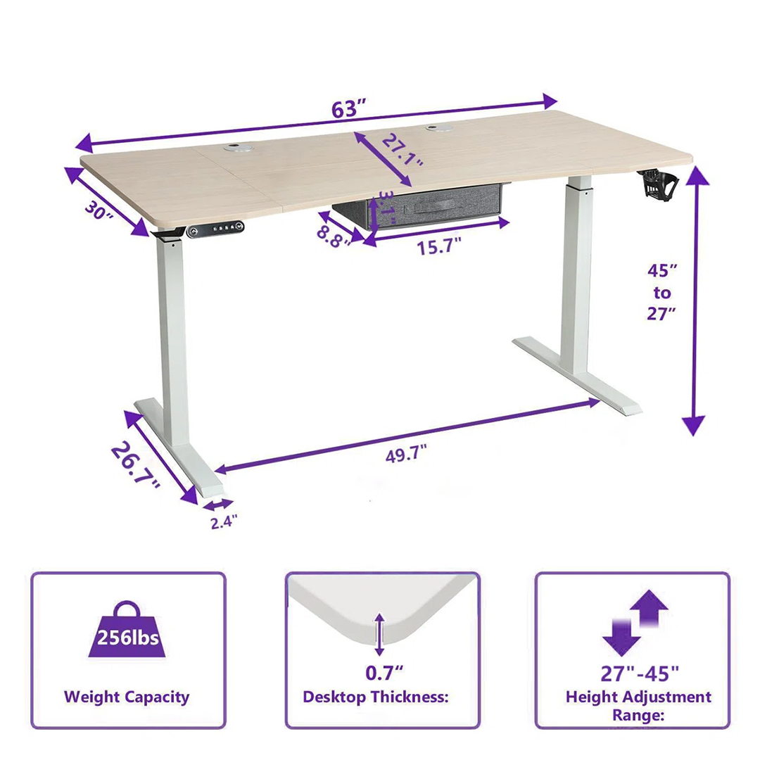 Fumiki 63" Curved Dual Motor Adjustable Height Standing Desk with Drawer – Comfort, Style & Productivity