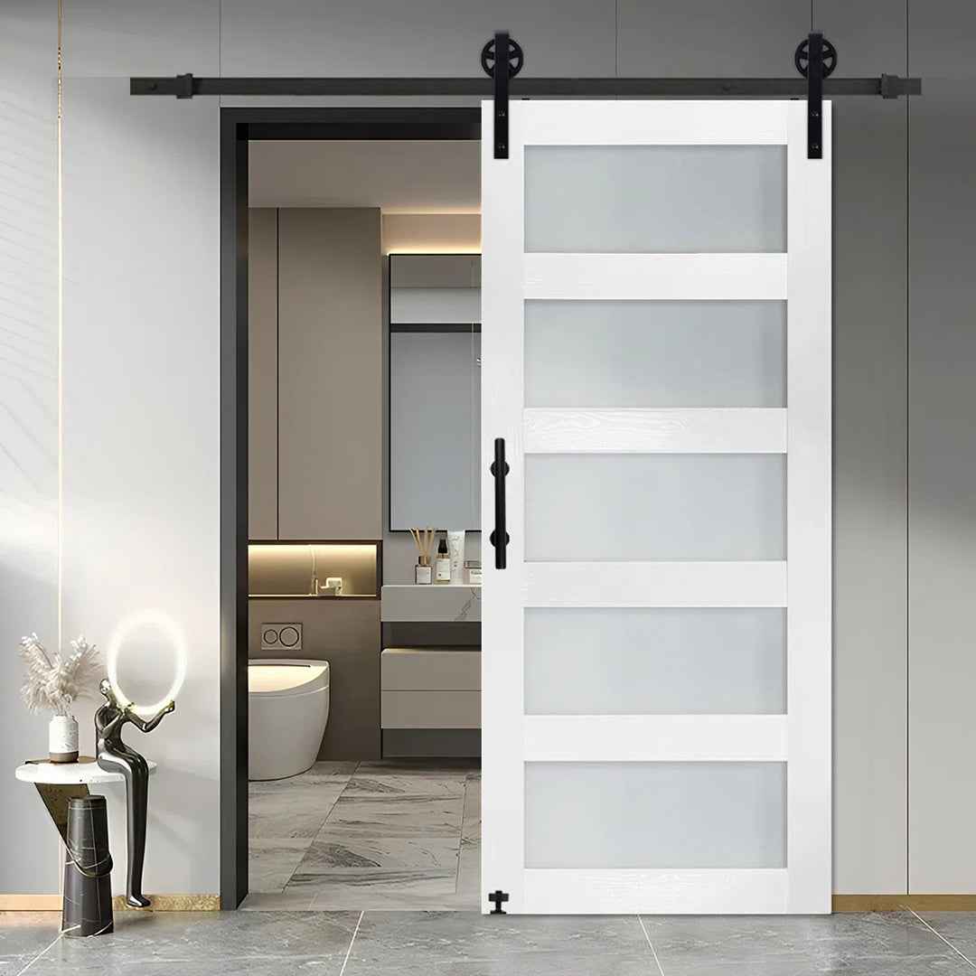 Glass Sliding MDF Barn Door with Hardware Kit – 5 Tempered Frosted Glass Panels, Big Wheel Rollers