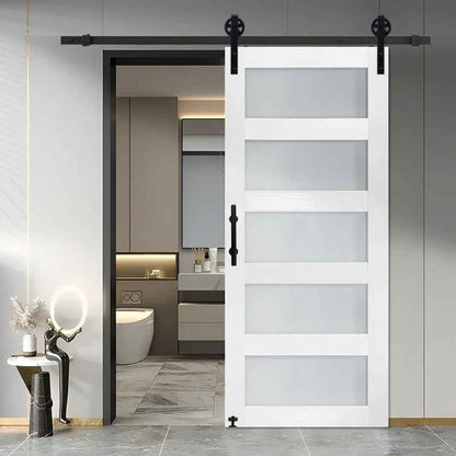 Glass Sliding MDF Barn Door with Hardware Kit – 5 Tempered Frosted Glass Panels, Big Wheel Rollers
