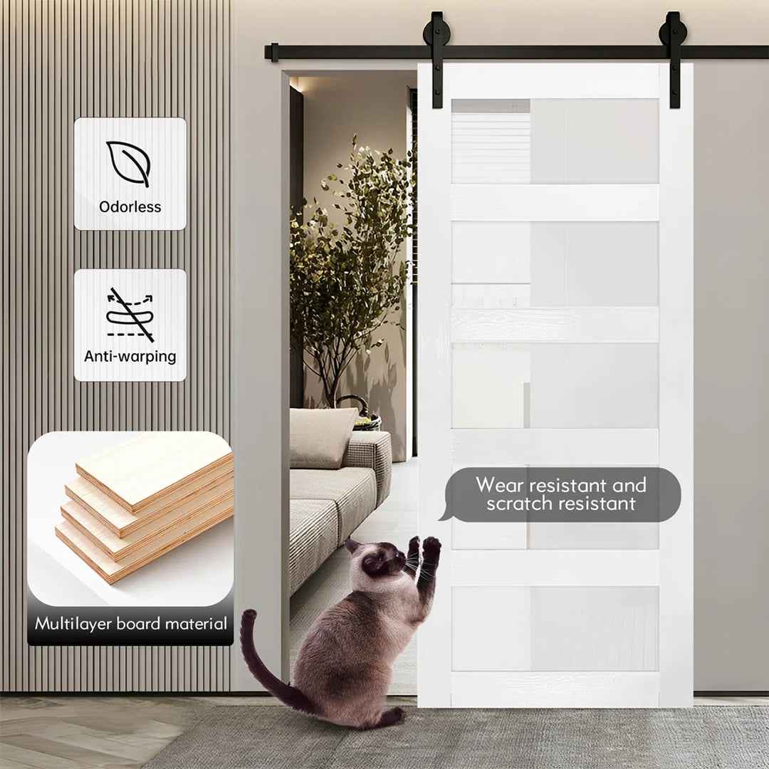 Glass Sliding MDF Barn Door with Hardware Kit – 5 Tempered Frosted Glass Panels, Big Wheel Rollers