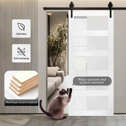 Glass Sliding MDF Barn Door with Hardware Kit – 5 Tempered Frosted Glass Panels, Big Wheel Rollers