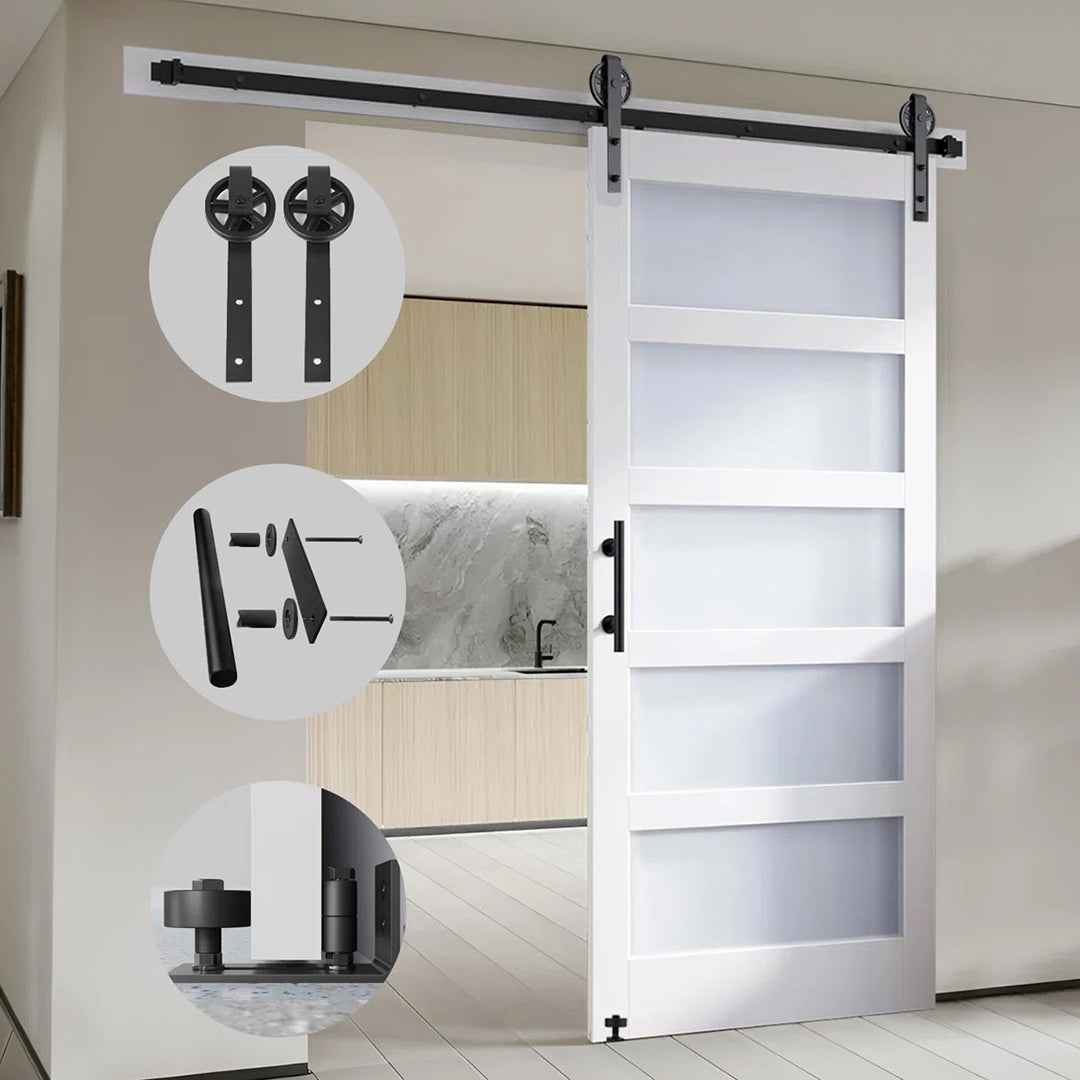 Glass Sliding MDF Barn Door with Hardware Kit – 5 Tempered Frosted Glass Panels, Big Wheel Rollers
