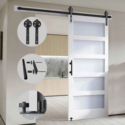 Glass Sliding MDF Barn Door with Hardware Kit – 5 Tempered Frosted Glass Panels, Big Wheel Rollers