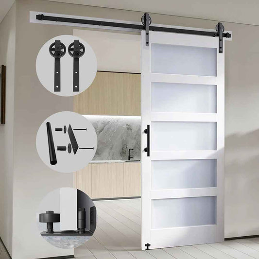 Glass Sliding MDF Barn Door with Hardware Kit – 5 Tempered Frosted Glass Panels, Big Wheel Rollers