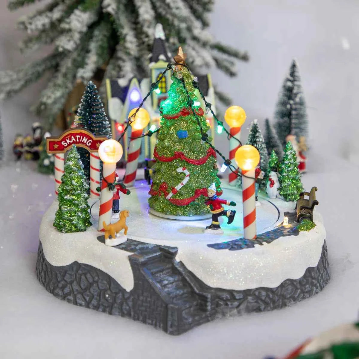 Ice Skaters Christmas Scene Village Display – Festive Holiday Decoration