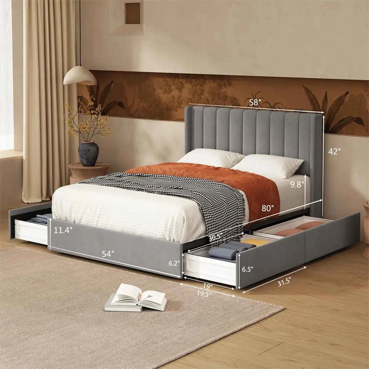 Jeilyn Upholstered Platform Bed with Built-In Drawer Storage – Modern Space-Saving Bedroom Furniture