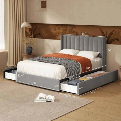 Jeilyn Upholstered Platform Bed with Built-In Drawer Storage – Modern Space-Saving Bedroom Furniture