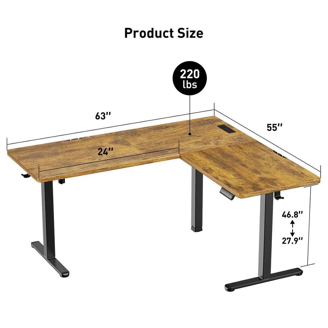 Kodee 63" L-Shaped Standing Desk – Height Adjustable with Memory Controller & Built-In Outlets