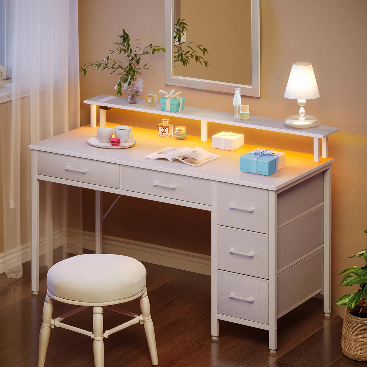 Linze Computer Desk with Monitor Shelf, RGB LED Lights, USB Ports & Storage Drawers – Modern Gaming & Workstation Setup