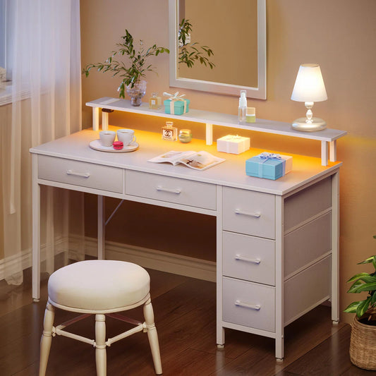 Linze Computer Desk with Monitor Shelf, RGB LED Lights, USB Ports & Storage Drawers – Modern Gaming & Workstation Setup