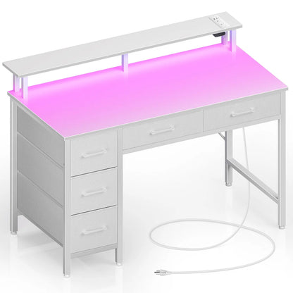 Linze Computer Desk with Monitor Shelf, RGB LED Lights, USB Ports & Storage Drawers – Modern Gaming & Workstation Setup