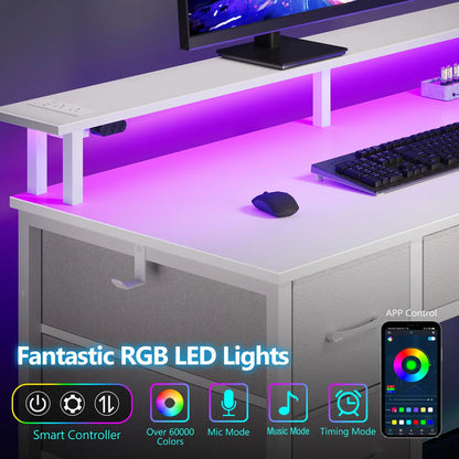 Linze Computer Desk with Monitor Shelf, RGB LED Lights, USB Ports & Storage Drawers – Modern Gaming & Workstation Setup