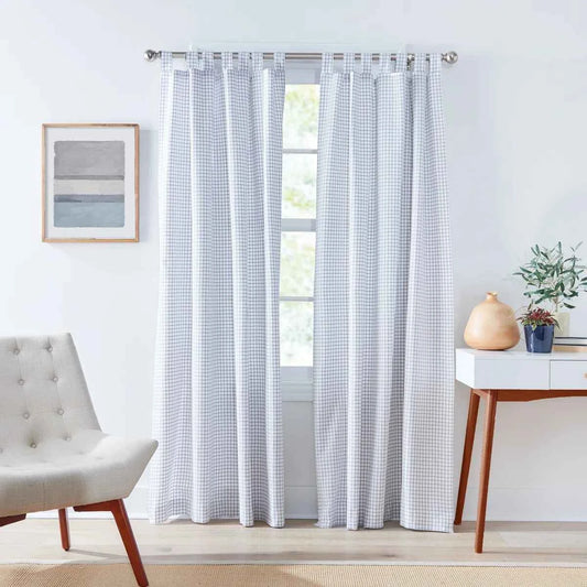 Mini Check Tabtop Light Filtering Curtain Panels Set of 2 – White & Dark Grey