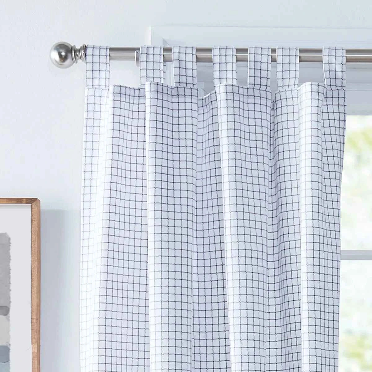 Mini Check Tabtop Light Filtering Curtain Panels Set of 2 – White & Dark Grey