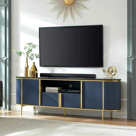 OKD Luxury 70" Fluted TV Stand – Navy Blue Wooden Entertainment Center with Marble Top for 80" TVs