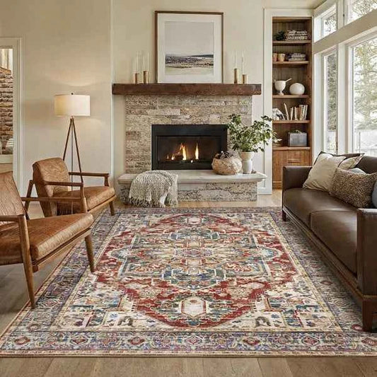 Oriental Inspired Vintage Area Rug – Machine Washable with Non-Slip Backing for High Traffi