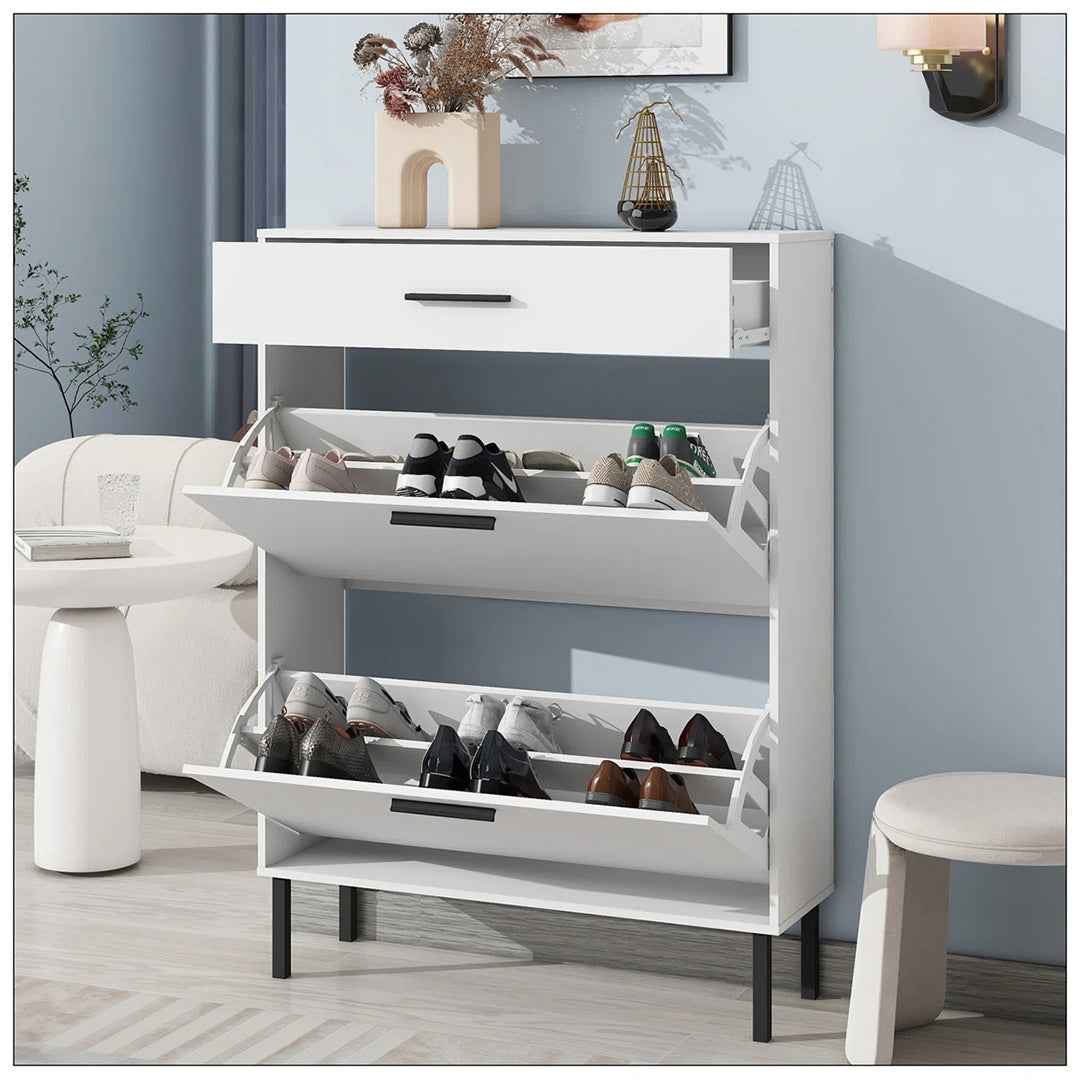 Freestanding Shoe Cabinet with 2 Flip Drawers – Modern Entryway Storage with Metal Legs