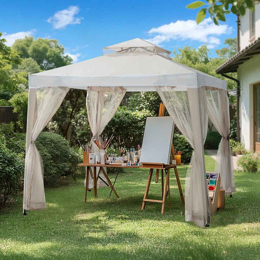 Sunjoy Soft Top Gazebo – Modern 2-Tier Steel Frame Outdoor Patio with Mesh Netting