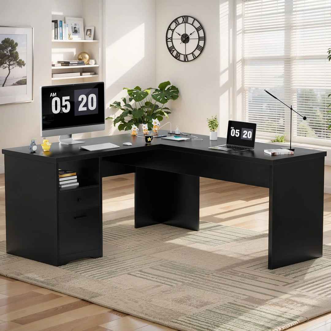 Swapan 56" Lift Top L-Shaped Executive Desk with Drawers & Built-In Power Outlets