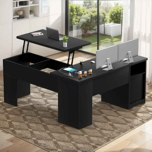 Swapan 56" Lift Top L-Shaped Executive Desk with Drawers & Built-In Power Outlets