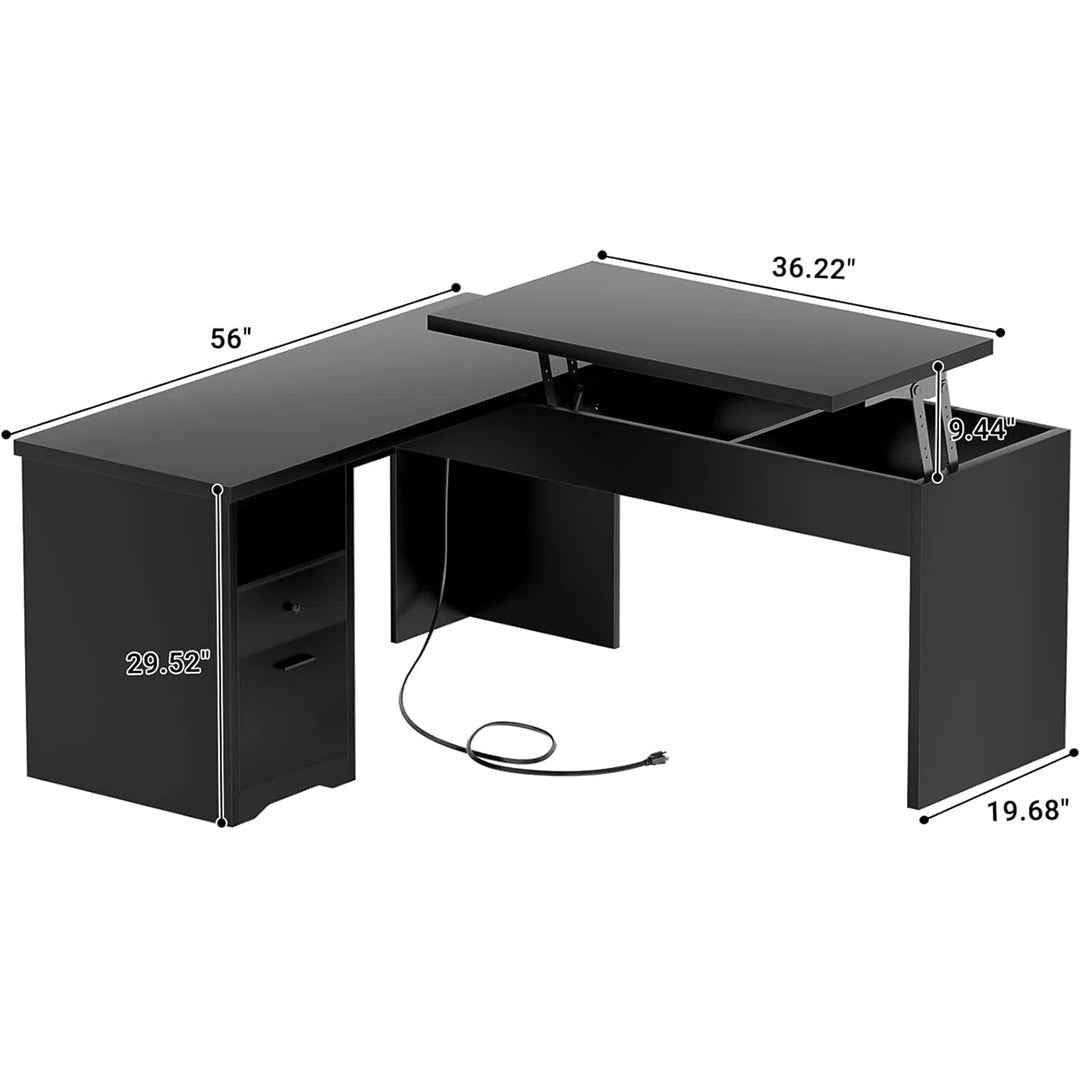 Swapan 56" Lift Top L-Shaped Executive Desk with Drawers & Built-In Power Outlets