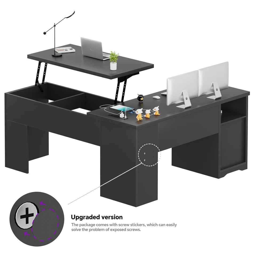 Swapan 56" Lift Top L-Shaped Executive Desk with Drawers & Built-In Power Outlets
