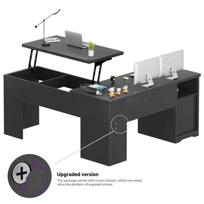 Swapan 56" Lift Top L-Shaped Executive Desk with Drawers & Built-In Power Outlets