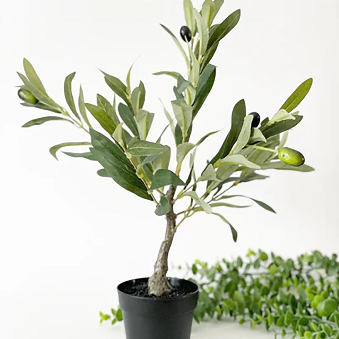 Urban Treasures Table Top Olive Tree – Realistic Faux Foliage, Small (15″) or Medium (20″) with Plastic Pot