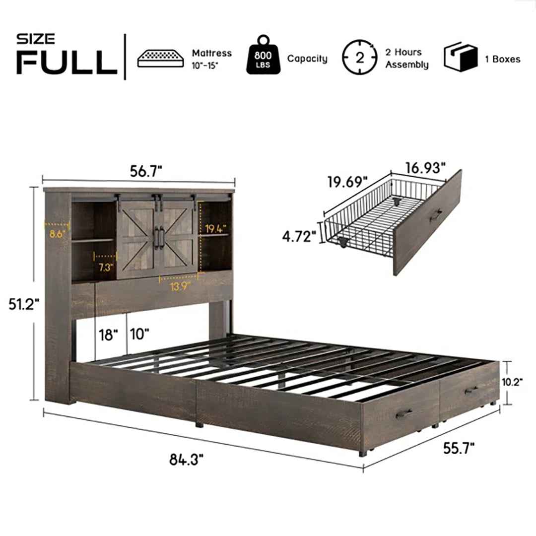 Sherell Wooden Bookcase Bed Frame – Space-Saving Bed with Built-In Storage
