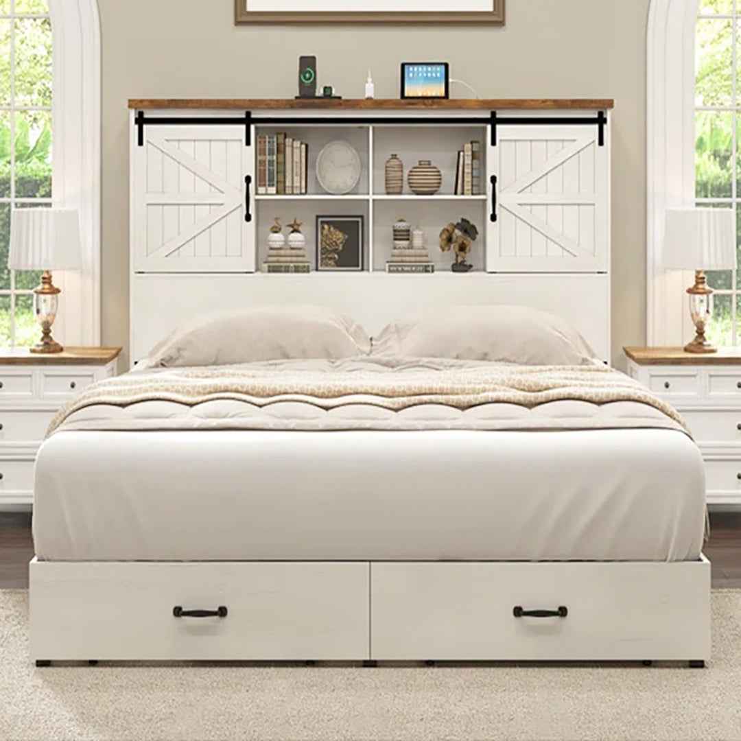 Sherell Wooden Bookcase Bed Frame – Space-Saving Bed with Built-In Storage