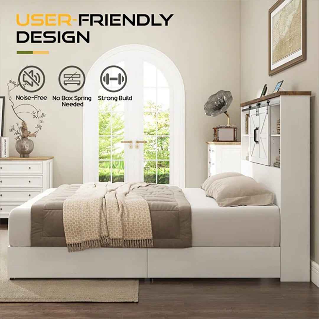 Sherell Wooden Bookcase Bed Frame – Space-Saving Bed with Built-In Storage